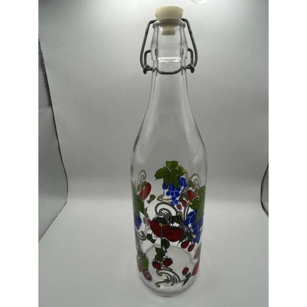 Vintage Hand Painted Home Brew Bottle Decanter With Stopper Grapes Strawberr 13
